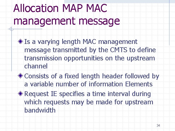 Allocation MAP MAC management message Is a varying length MAC management message transmitted by