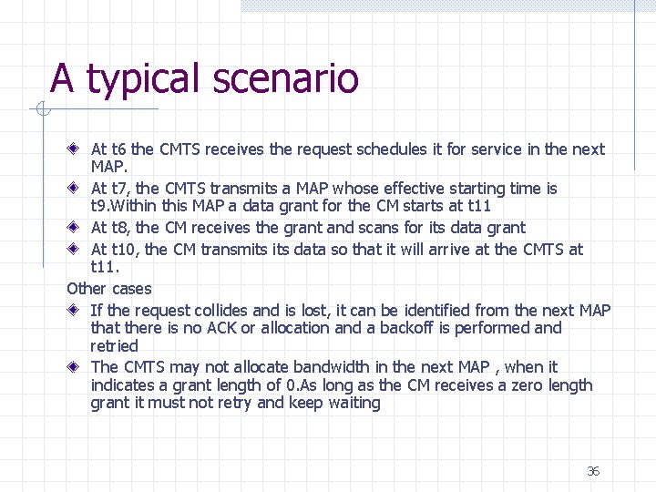 A typical scenario At t 6 the CMTS receives the request schedules it for