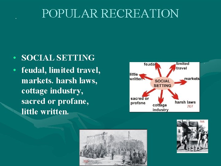 . POPULAR RECREATION • SOCIAL SETTING • feudal, limited travel, markets. harsh laws, cottage