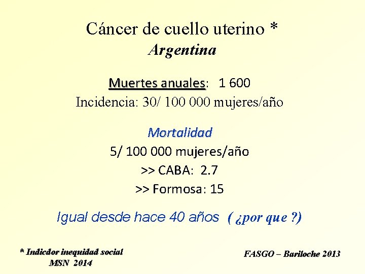 Cáncer de cuello uterino * Argentina Muertes anuales: anuales 1 600 Incidencia: 30/ 100