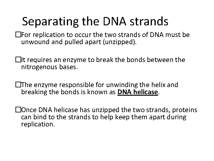 Separating the DNA strands �For replication to occur the two strands of DNA must