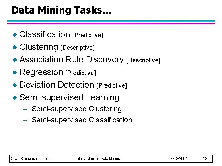 Data Mining Tasks. . . Classification [Predictive] l Clustering [Descriptive] l Association Rule Discovery