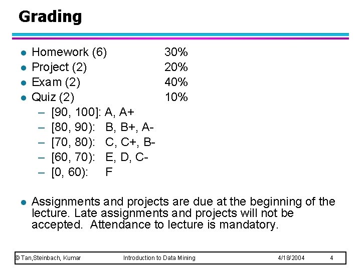 Grading l l l Homework (6) Project (2) Exam (2) Quiz (2) – [90,