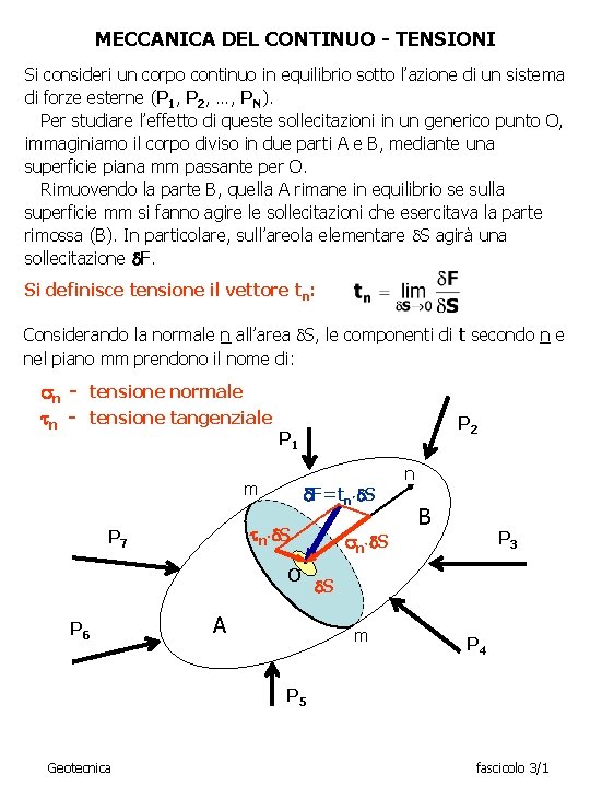 MECCANICA DEL CONTINUO - TENSIONI Si consideri un corpo continuo in equilibrio sotto l’azione