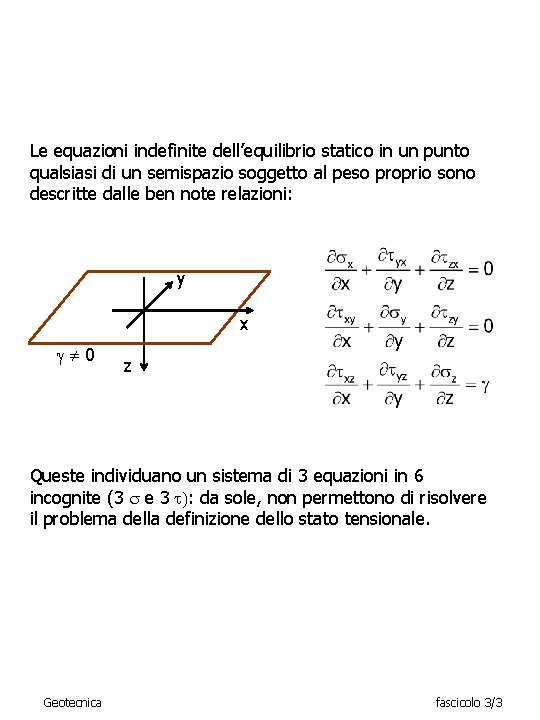 Le equazioni indefinite dell’equilibrio statico in un punto qualsiasi di un semispazio soggetto al