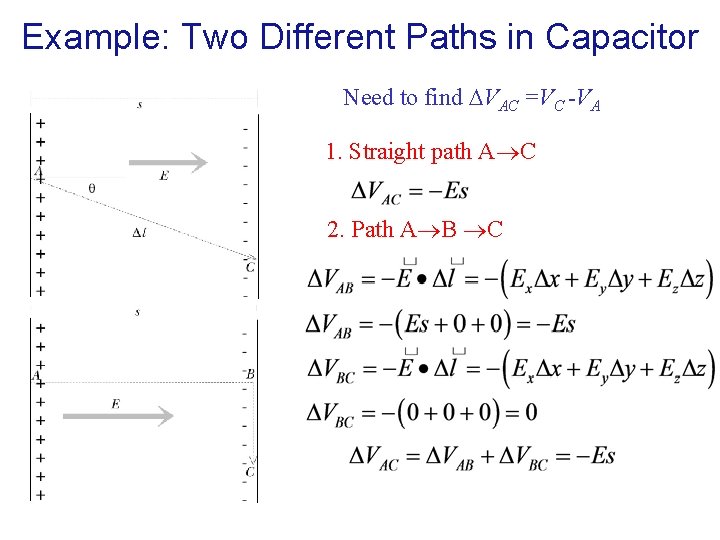 Example: Two Different Paths in Capacitor Need to find VAC =VC -VA 1. Straight
