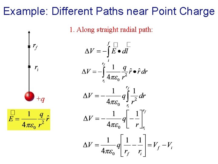 Example: Different Paths near Point Charge 1. Along straight radial path: rf ri +q