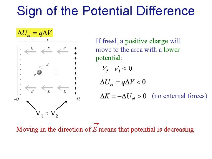 Sign of the Potential Difference If freed, a positive charge will move to the