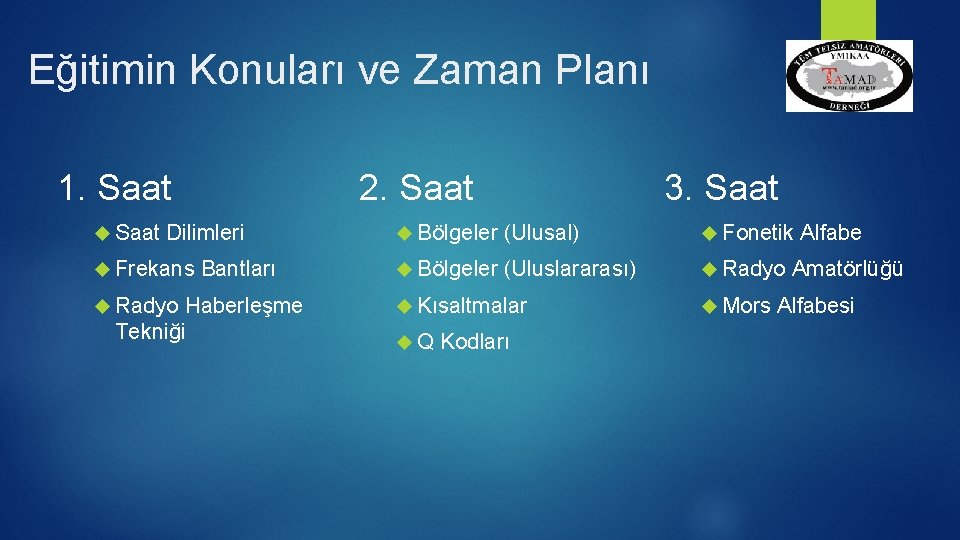 Eğitimin Konuları ve Zaman Planı 2. Saat 1. Saat Dilimleri Frekans Radyo Bantları Haberleşme