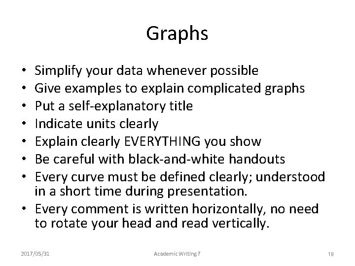 Graphs Simplify your data whenever possible Give examples to explain complicated graphs Put a