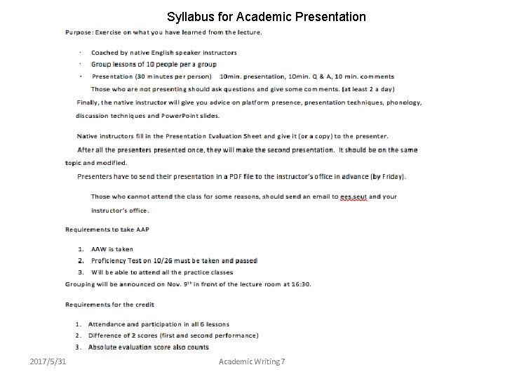 Syllabus for Academic Presentation 2017/5/31 Academic Writing 7 