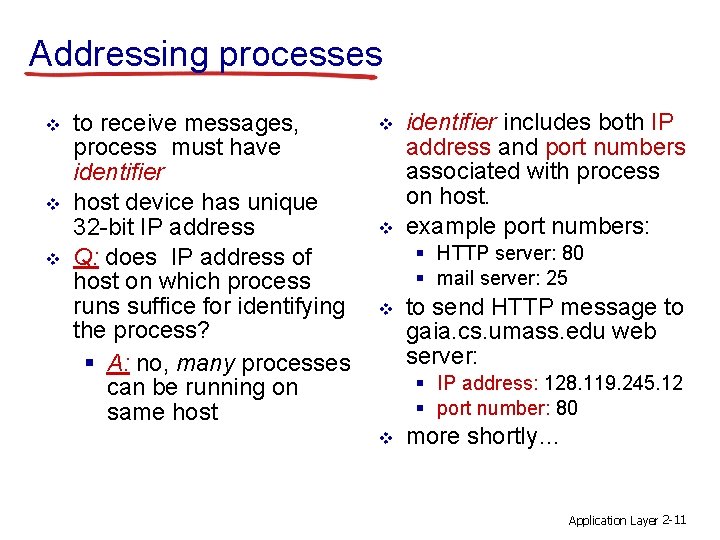 Addressing processes v v v to receive messages, process must have identifier host device