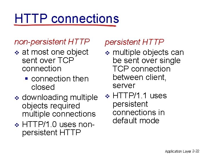 HTTP connections non-persistent HTTP v at most one object v multiple objects can sent