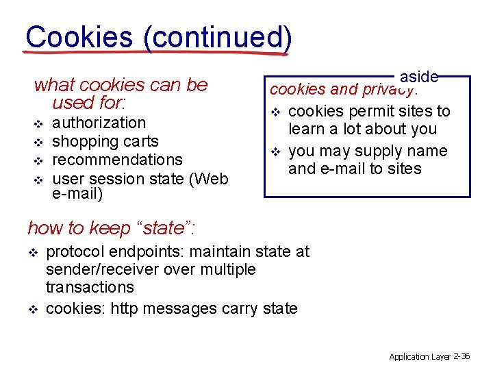 Cookies (continued) what cookies can be used for: v v authorization shopping carts recommendations