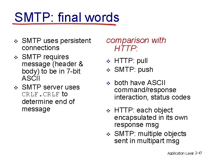 SMTP: final words v v v SMTP uses persistent connections SMTP requires message (header