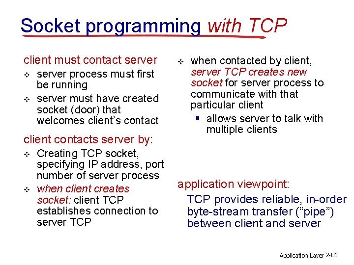 Socket programming with TCP client must contact server v v server process must first