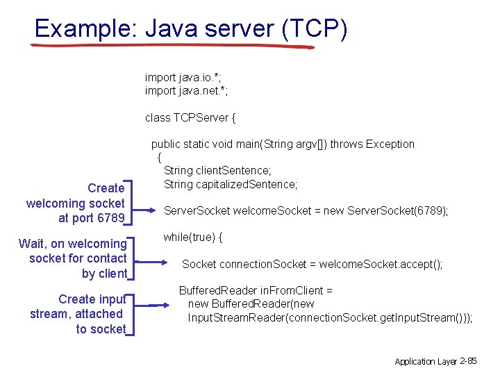 Example: Java server (TCP) import java. io. *; import java. net. *; class TCPServer