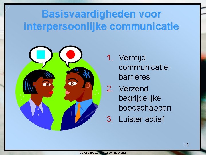 Basisvaardigheden voor interpersoonlijke communicatie 1. Vermijd communicatiebarrières 2. Verzend begrijpelijke boodschappen 3. Luister actief