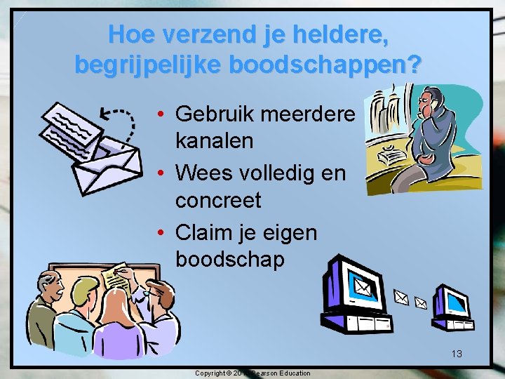 Hoe verzend je heldere, begrijpelijke boodschappen? • Gebruik meerdere kanalen • Wees volledig en Hoe verzend je heldere, begrijpelijke boodschappen? • Gebruik meerdere kanalen • Wees volledig en