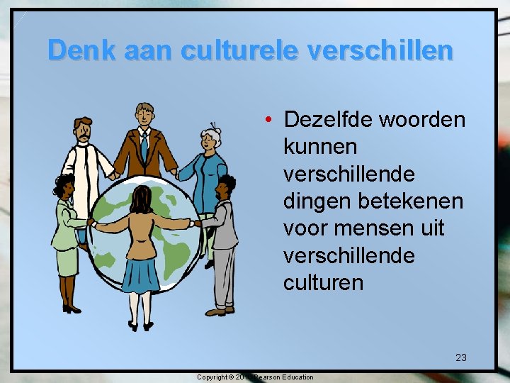 Denk aan culturele verschillen • Dezelfde woorden kunnen verschillende dingen betekenen voor mensen uit Denk aan culturele verschillen • Dezelfde woorden kunnen verschillende dingen betekenen voor mensen uit