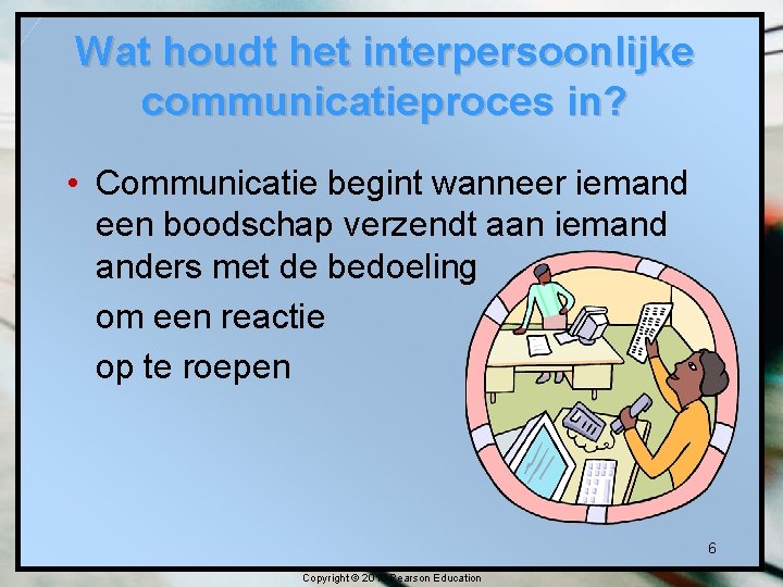 Wat houdt het interpersoonlijke communicatieproces in? • Communicatie begint wanneer iemand een boodschap verzendt