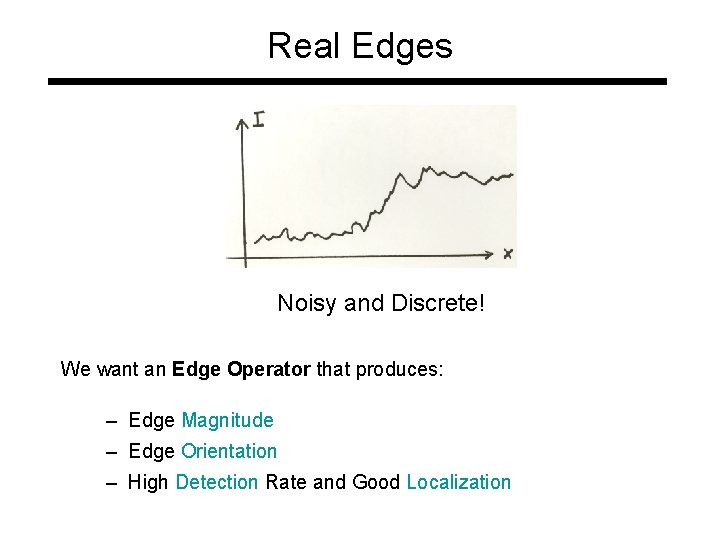 Real Edges Noisy and Discrete! We want an Edge Operator that produces: – Edge