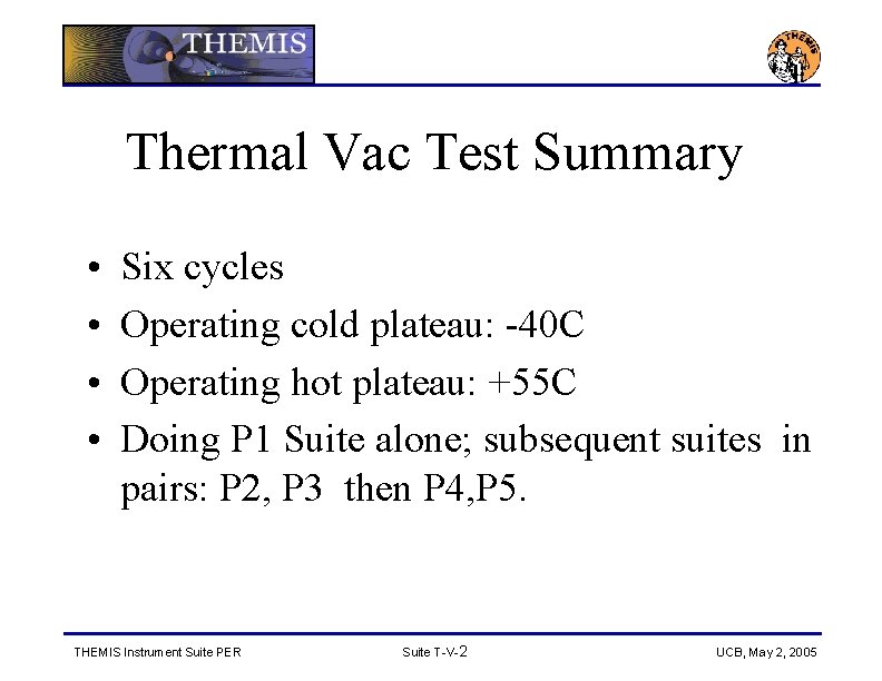 Thermal Vac Test Summary • • Six cycles Operating cold plateau: -40 C Operating