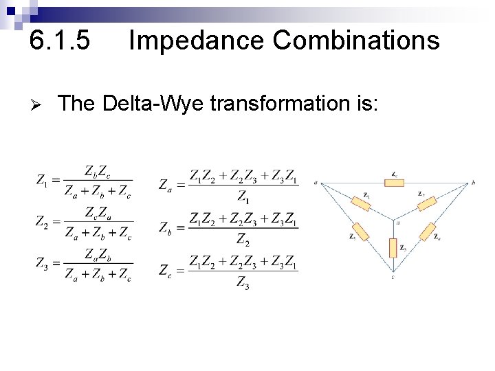 6. 1. 5 Ø Impedance Combinations The Delta-Wye transformation is: 