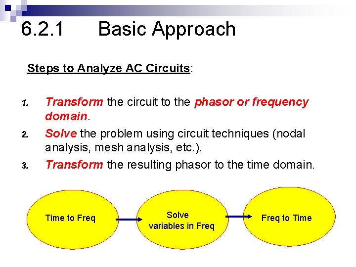 6. 2. 1 Basic Approach Steps to Analyze AC Circuits: 1. 2. 3. Transform