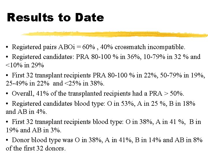 Results to Date • Registered pairs ABOi = 60% , 40% crossmatch incompatible. •