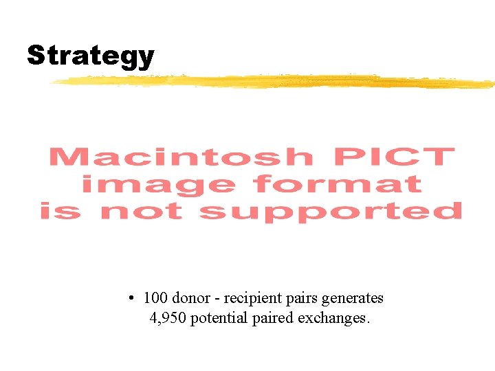 Strategy • 100 donor - recipient pairs generates 4, 950 potential paired exchanges. 