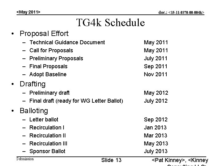 <May 2011> doc. : <15 -11 -0370 -00 -004 k> TG 4 k Schedule