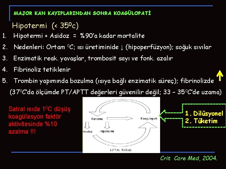 MAJOR KAN KAYIPLARINDAN SONRA KOAGÜLOPATİ Hipotermi (< 350 c) 1. Hipotermi + Asidoz = MAJOR KAN KAYIPLARINDAN SONRA KOAGÜLOPATİ Hipotermi (< 350 c) 1. Hipotermi + Asidoz =