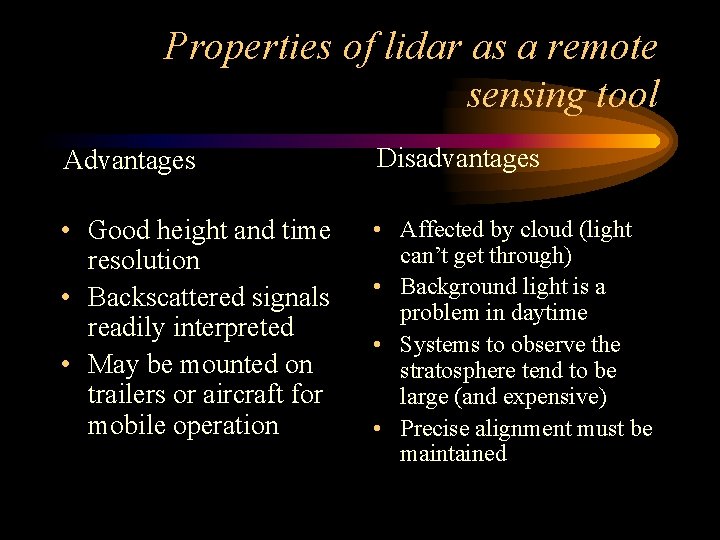 Properties of lidar as a remote sensing tool Advantages Disadvantages • Good height and