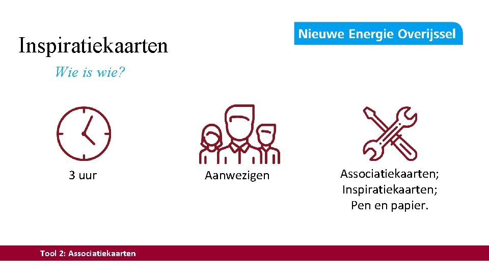 Inspiratiekaarten Wie is wie? 3 uur Tool 2: Associatiekaarten Aanwezigen Associatiekaarten; Inspiratiekaarten; Pen en