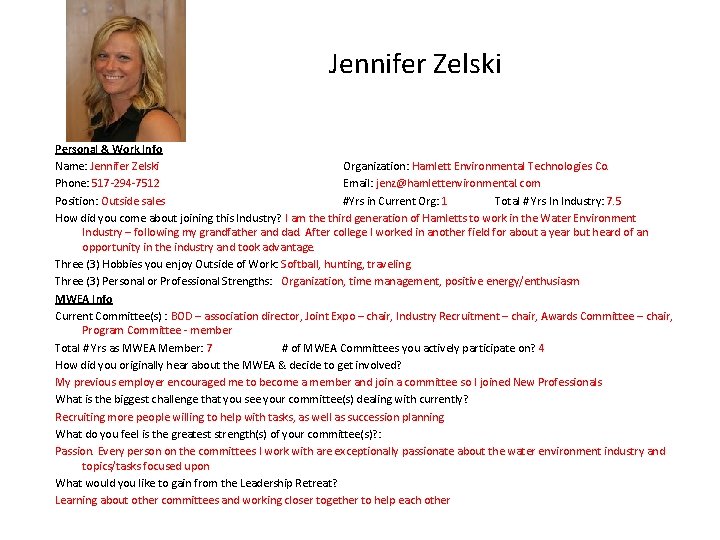 Jennifer Zelski Personal & Work Info Name: Jennifer Zelski Organization: Hamlett Environmental Technologies Co.