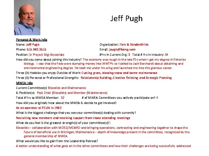 Jeff Pugh Personal & Work Info Name: Jeff Pugh Organization: Fleis & Vanden. Brink