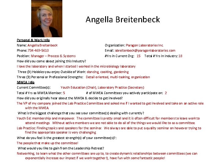 Angella Breitenbeck Personal & Work Info Name: Angella Breitenbeck Organization: Paragon Laboratories Inc. Phone: