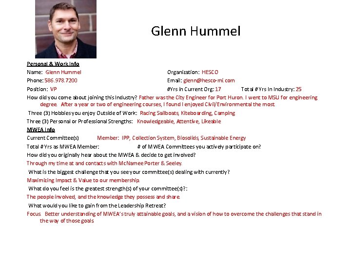 Glenn Hummel Personal & Work Info Name: Glenn Hummel Organization: HESCO Phone: 586. 978.