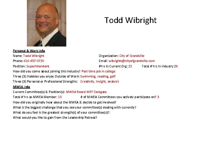 Todd Wibright Personal & Work Info Name: Todd Wibright Organization: City of Grandville Phone: