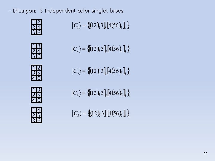 - Dibaryon: 5 Independent color singlet bases 12 34 56 13 24 56 12