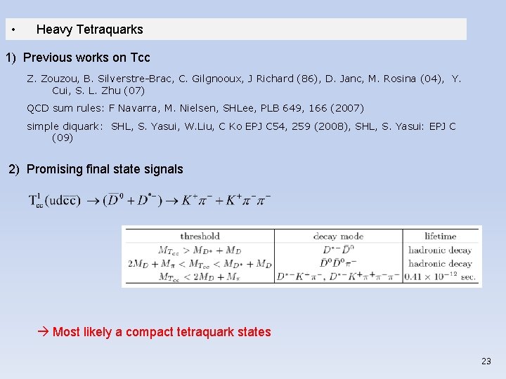  • Heavy Tetraquarks 1) Previous works on Tcc Z. Zouzou, B. Silverstre-Brac, C.