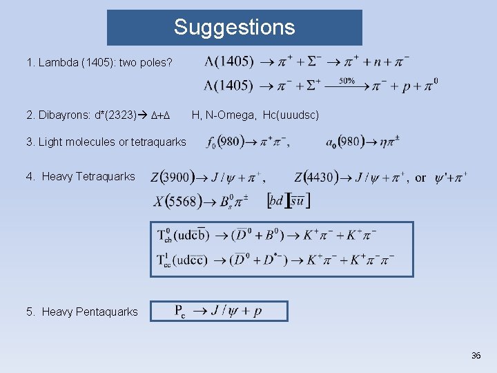 Suggestions 1. Lambda (1405): two poles? 2. Dibayrons: d*(2323) D+D H, N-Omega, Hc(uuudsc) 3.