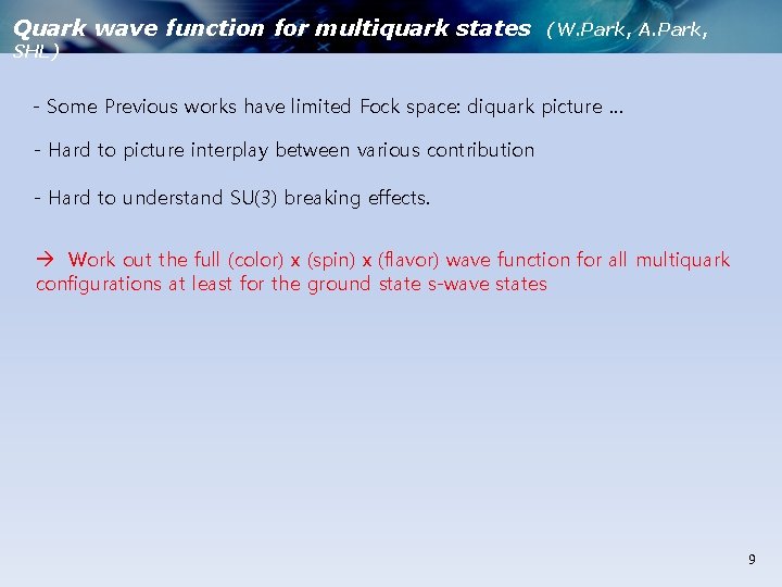 Quark wave function for multiquark states (W. Park, A. Park, SHL) - Some Previous