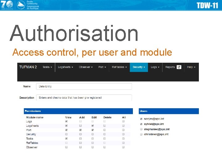 Authorisation Access control, per user and module 