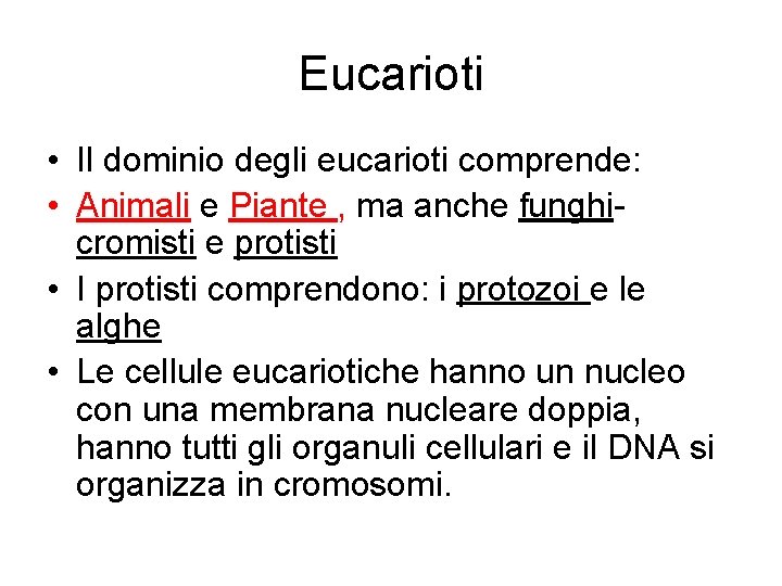 Eucarioti • Il dominio degli eucarioti comprende: • Animali e Piante , ma anche