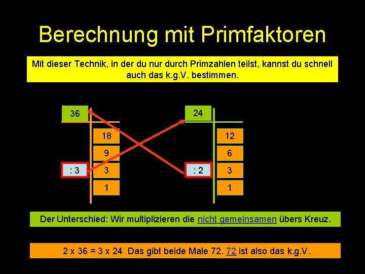 Berechnung mit Primfaktoren Mit dieser Technik, in der du nur durch Primzahlen teilst, kannst