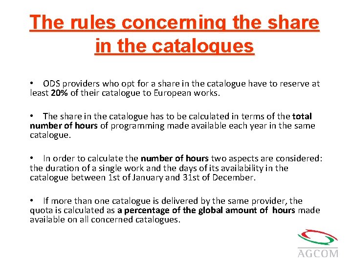 The rules concerning the share in the catalogues • ODS providers who opt for
