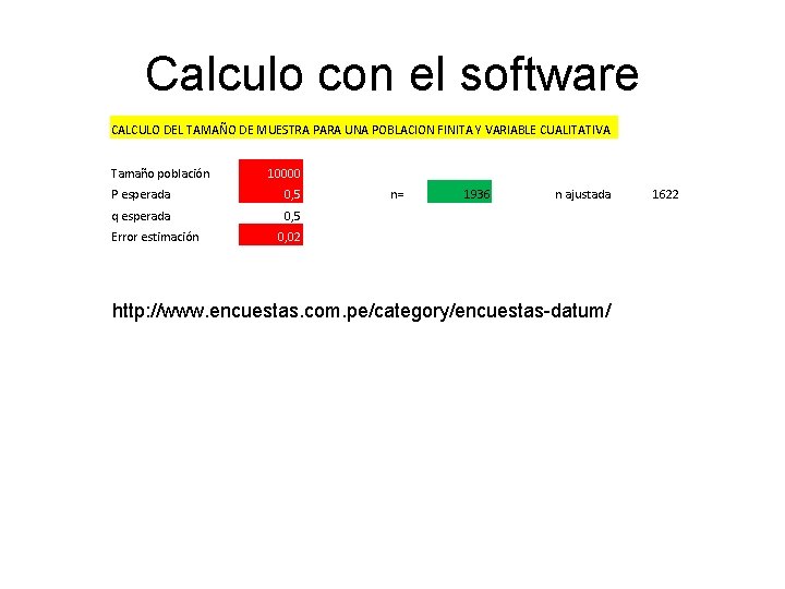 Calculo con el software CALCULO DEL TAMAÑO DE MUESTRA PARA UNA POBLACION FINITA Y