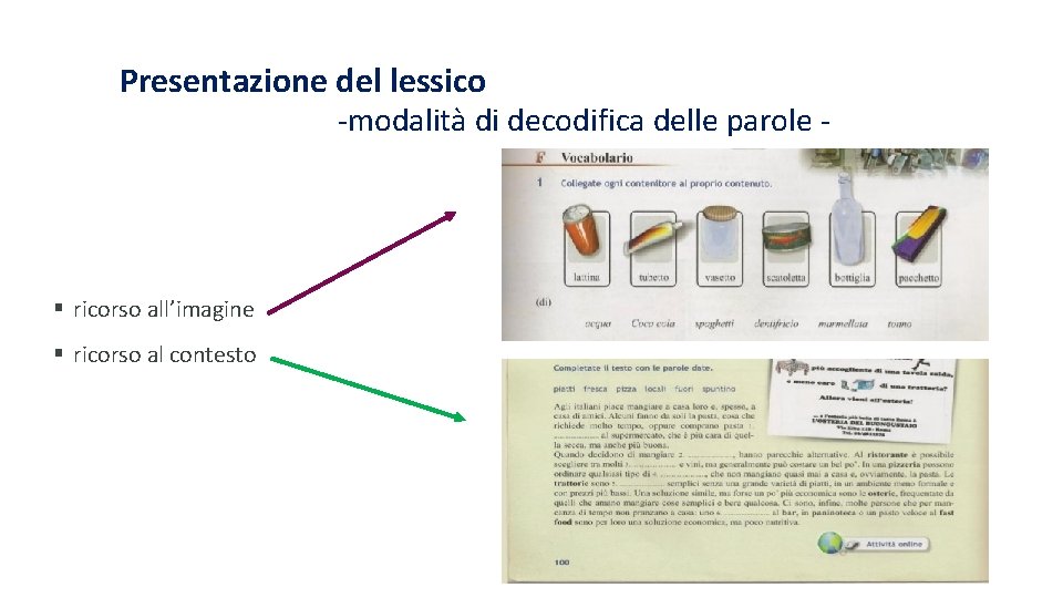 Presentazione del lessico -modalità di decodifica delle parole - § ricorso all’imagine § ricorso Presentazione del lessico -modalità di decodifica delle parole - § ricorso all’imagine § ricorso